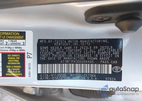 2013 Toyota Camry Se from USA, damaged, VIN 4T1BF1FK3DU204405